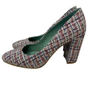 Anthropologie LAB red silver‎ tweed block 3.5" heels Made in Spain 9US/40EU